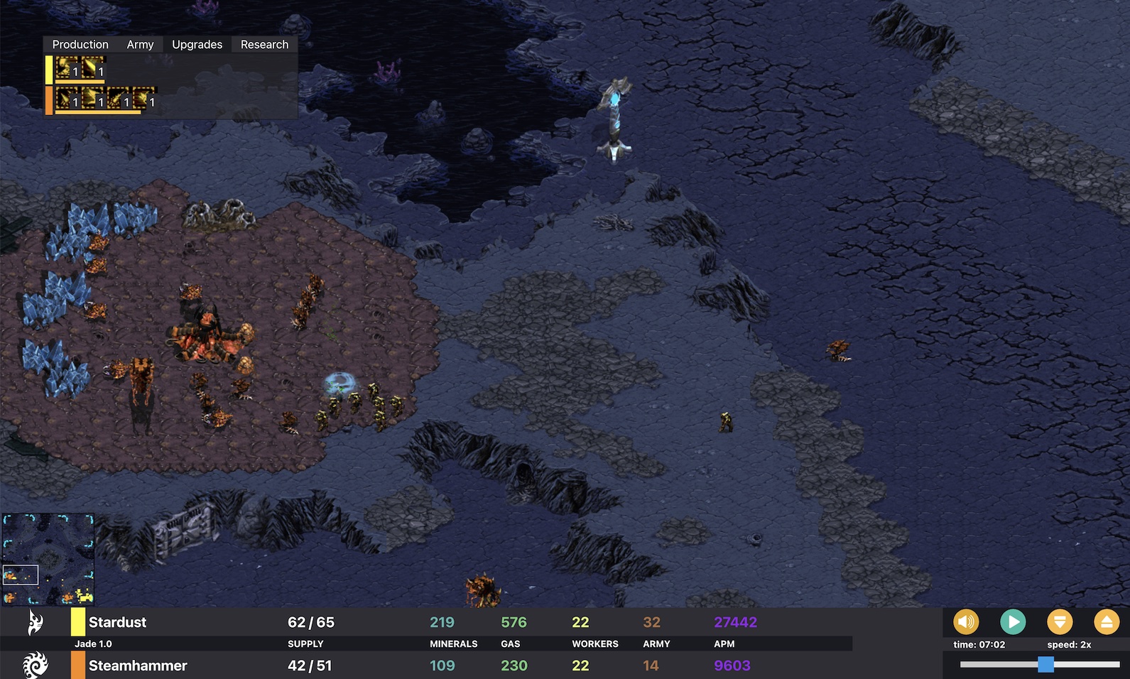 Speed zealots airlifted out of the protoss base attack the zerg natural.